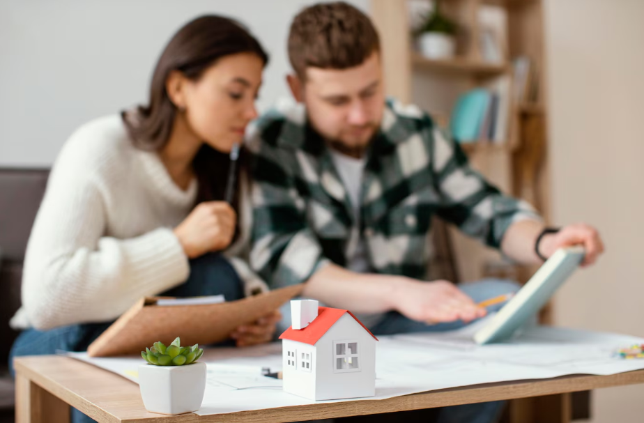 Couple reviewing home renovation financing options with paperwork, tablet, and miniature house model on table