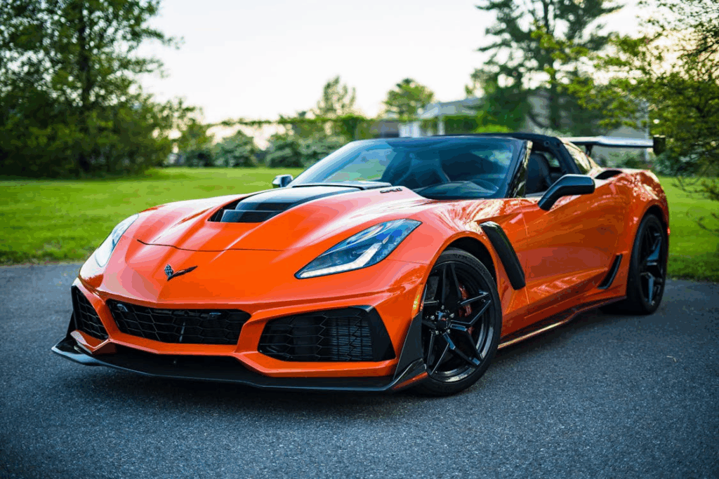 Bright orange luxury sports car parked on a driveway with trees and grass in the background.